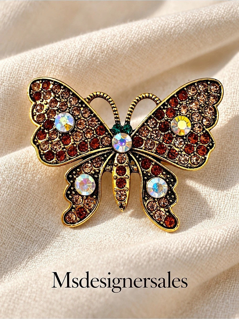 Butterfly Rhinestone Brooch in Brown & Gold Like New 225